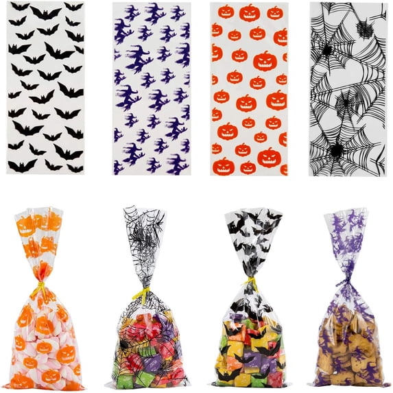 200Pcs Halloween Snack Bags Clear Candy Cookie Treat Bags with Twist Ties, 4 Patterns Pumpkin Bat Spider and Witch Design