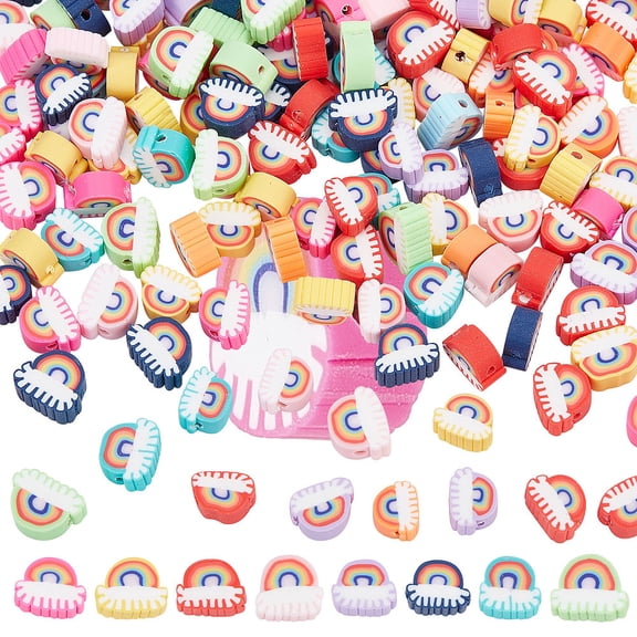 200Pcs Handmade Polymer Clay Beads Rainbow Mixed Color 6-9x8-11x4mm Hole: 1.6mm