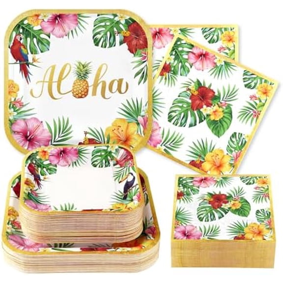 200Pcs Hawaiian Luau Party Decorations Aloha Tropical Hibiscus Floral Luau Plates and Napkins Hawaii Palm Leaf Tableware Sets for Summer Hawaiian Birthday BBQ Pool Beach Party Supplies Serves 50