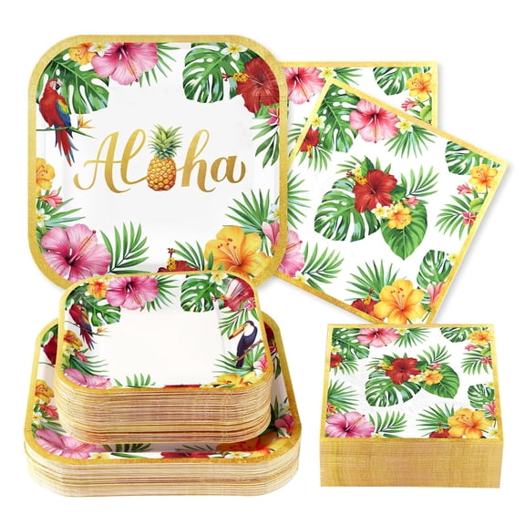 200Pcs Hawaiian Luau Party Decorations Aloha Tropical Hibiscus Floral Luau Plates and Napkins Hawaii Palm Leaf Tableware Sets for Summer Hawaiian Birthday BBQ Pool Beach Party Supplies Serves 50 A101