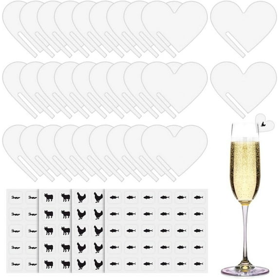 200Pcs Heart Paper Wine Glass Tags with 8 Sheets Chicken/Carrot/Fish/Cow Stickers Blank Paper Wine Glass Name Tags Heart Shaped Party Drink Tag