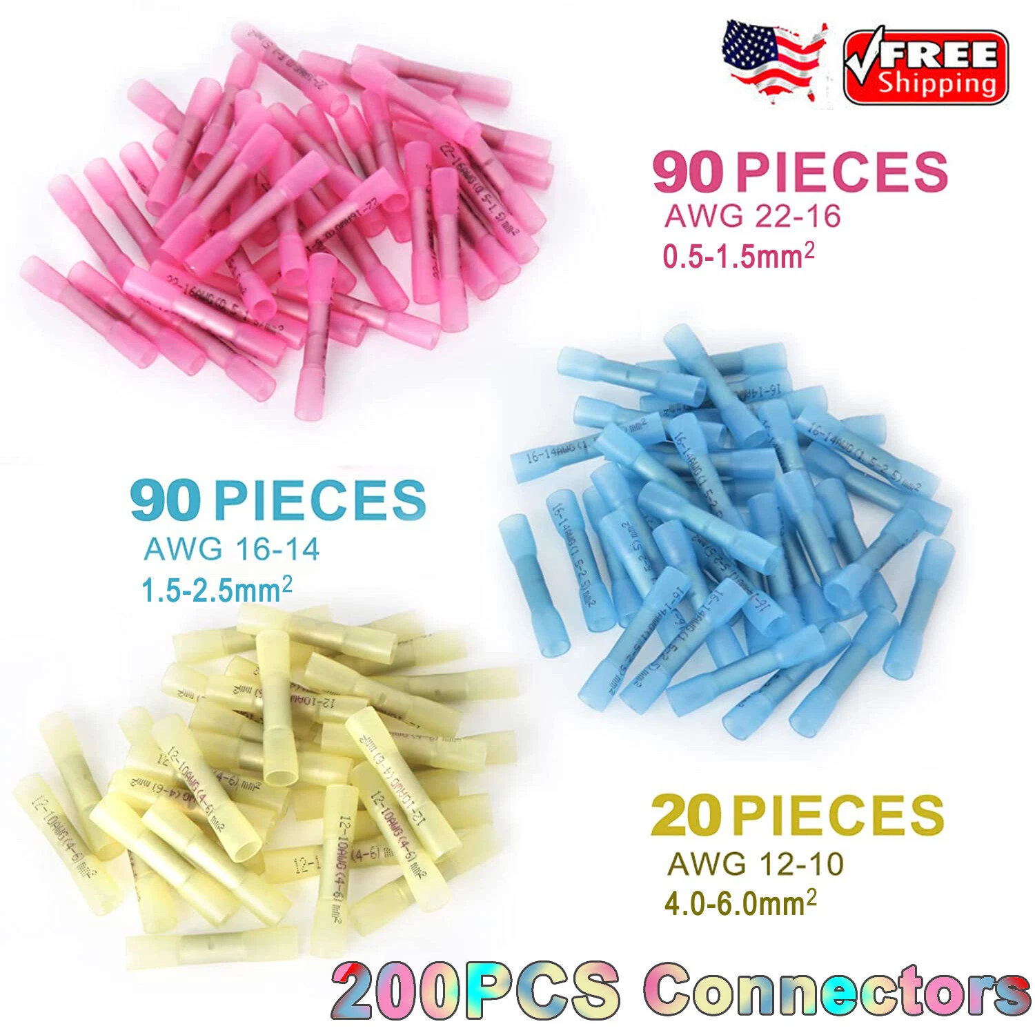 200Pcs Heat Shrink Butt Connector Waterproof Electrical Wire Marine Butt Splice
