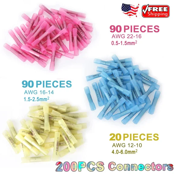 200Pcs Heat Shrink Butt Connector Waterproof Electrical Wire Marine Butt Splice