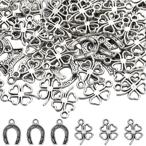 200Pcs Horseshoe Charms Silver Horse Shoe Charms Alloy Lucky Shamrock Four Leaf Clover Wedding Charm Bulk for Jewelry Making Charms Women Adult DIY Earrings Necklace Bracelet Craft Silver