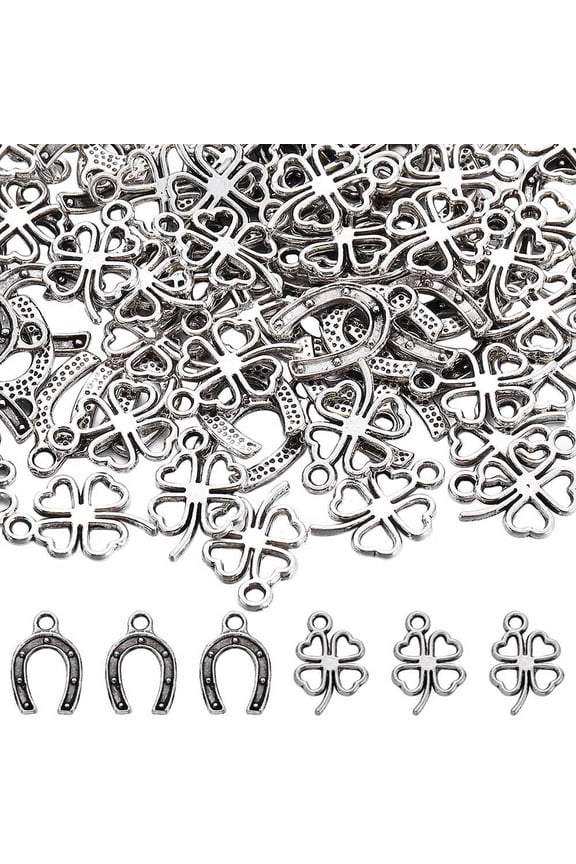 200Pcs Horseshoe Charms Silver Horse Shoe Charms Alloy Lucky Shamrock Four Leaf Clover Wedding Charm Bulk