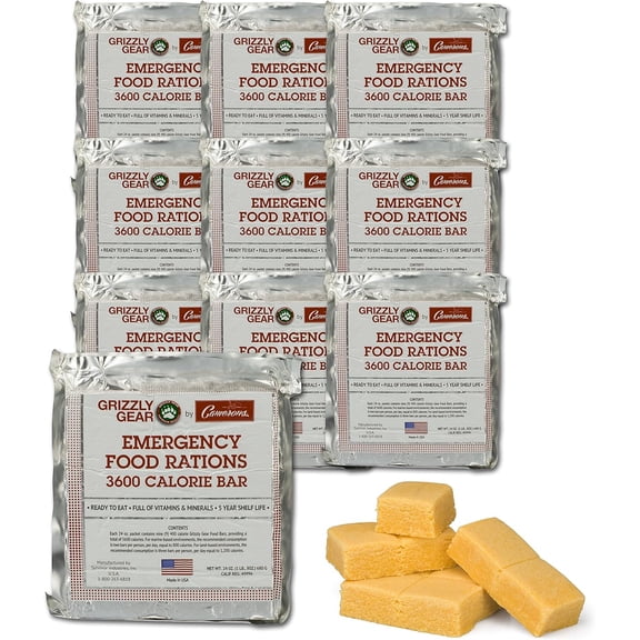 Grizzly Gear Emergency Food Rations- Case of Ten 3600 Calorie Lemon Bar - 30 Day, 4 Week Value Supply For Disaster, Hurricane - Less Sugar, More Nutrients - 5 Year Shelf Life