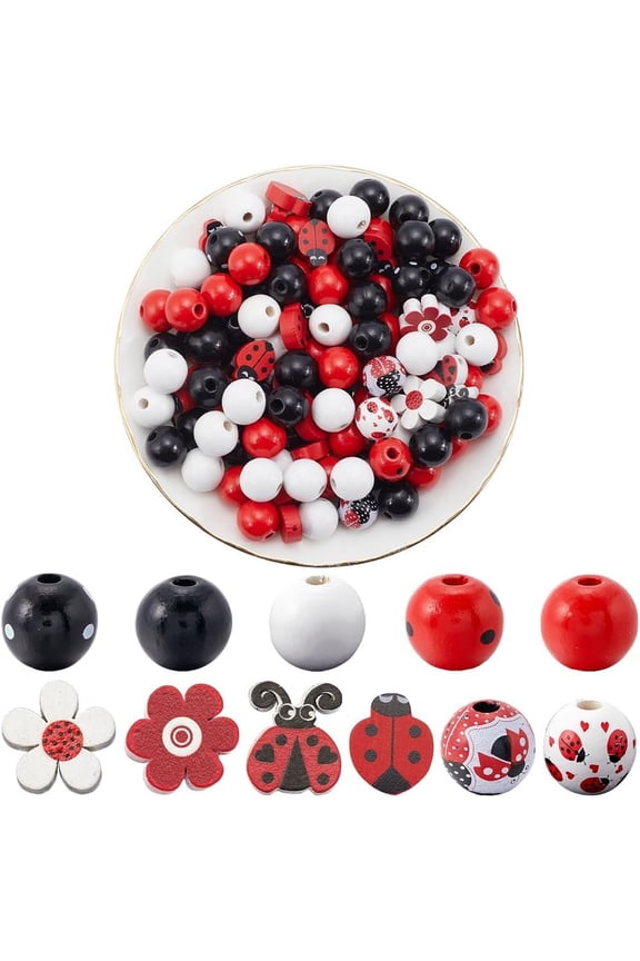 200Pcs Ladybug Wood Beads Red Black White Wooden Beads 16mm Colorful Spring Cute Ladybird Flower Painted Farmhouse Wooden Beads for Jewelry Garland Making Supplies DIY Craft Bracelet Necklace DIY