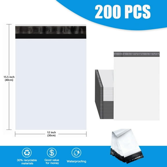 200Pcs Large Poly Mailers, 12 x 15.5 inch Waterproof and Tear-Proof Self Adhesive Large Shipping Bags, Strong Thick Mailing Bags