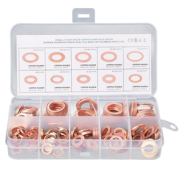 200Pcs M5-14 Engine Oil Drain Plug Copper Crush Washer Seal O-Ring Gasket 9 Sizes in Box