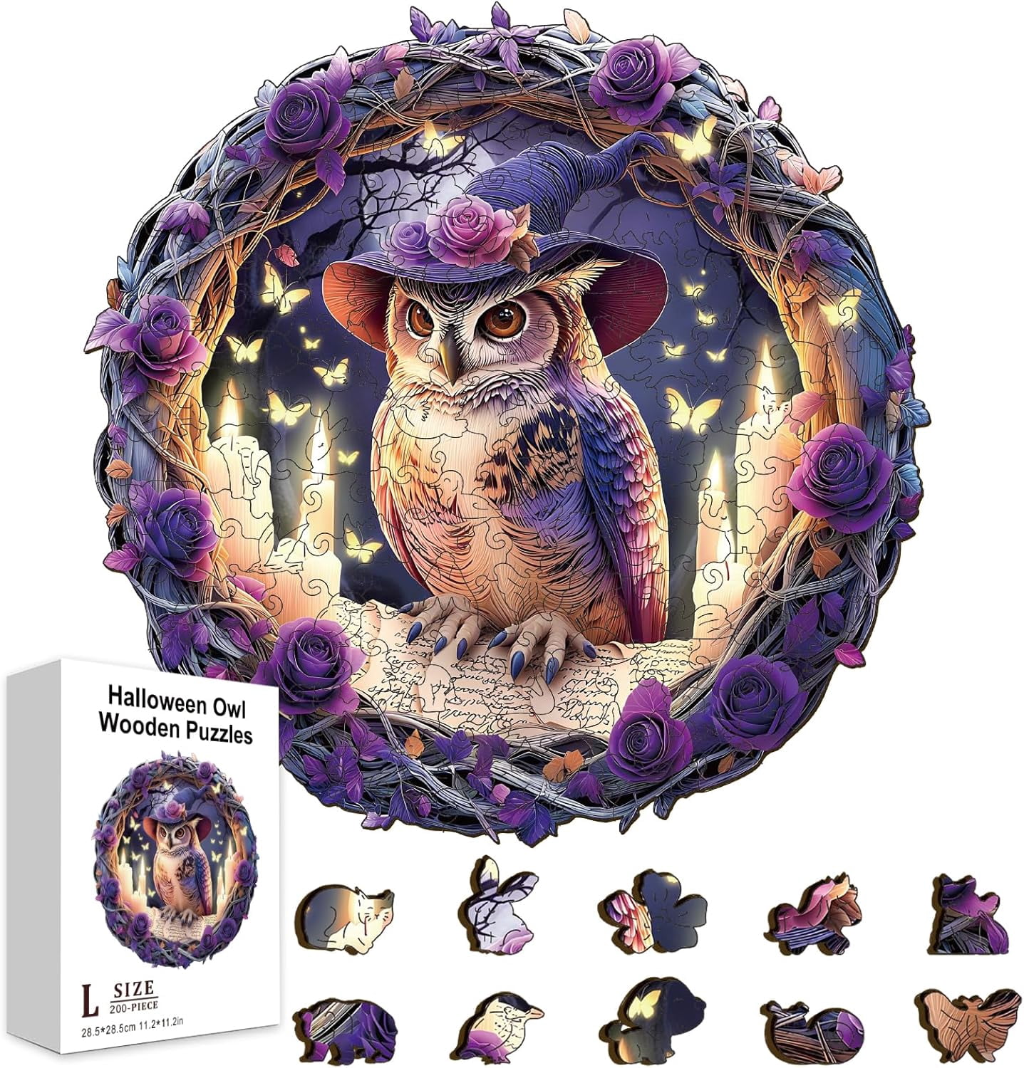 200Pcs Magic Owl Wooden Jigsaw Puzzles for Adults 11.2x11.2inch Purple ...