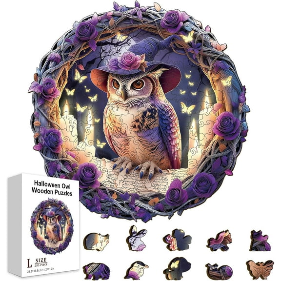 200Pcs Magic Owl Wooden Jigsaw Puzzles for Adults 11.2x11.2inch Purple Rose Colorful Unique Animal Shaped Jigsaw Puzzles for Holidays Birthday