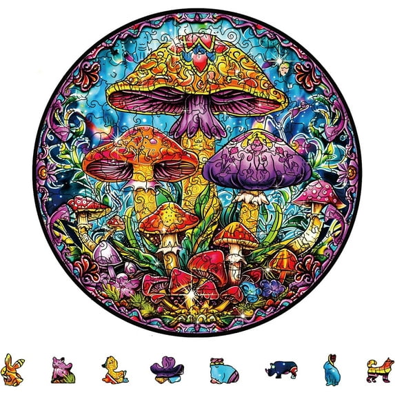 200Pcs Mushroom Wooden Jigsaw Puzzles for Adults Child 10.9x10.9inch Wood Adult Puzzles Unique Shaped Wooden Puzzles Animal Colorful Jigsaw Puzzles for Birthday Gifts Family Game