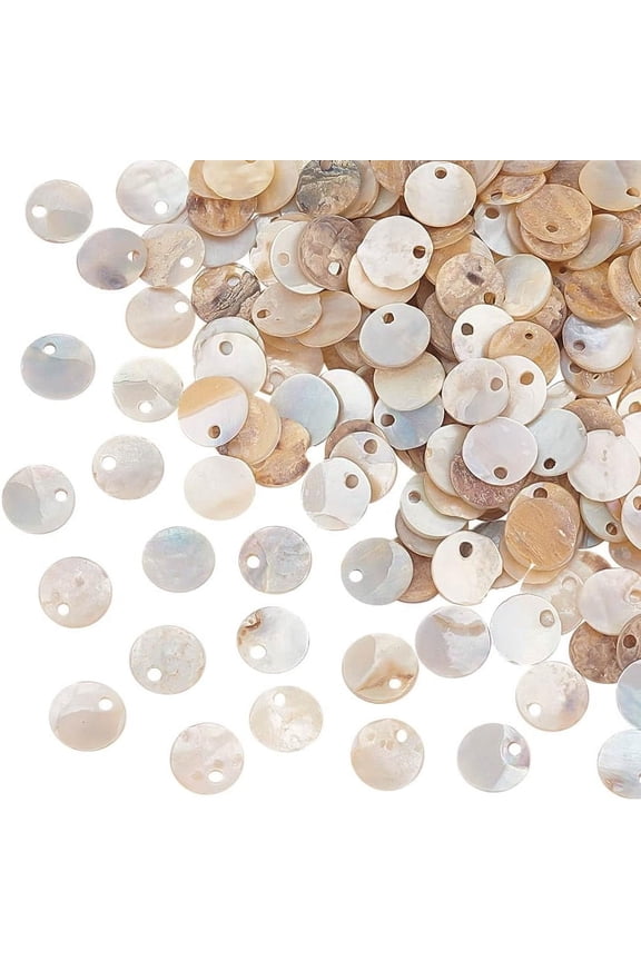 200Pcs Natural Akoya Shell Flat Round Charms Mother of Pearl Shell Charms Seashell Color 7~7.5x1mm Hole: 1mm