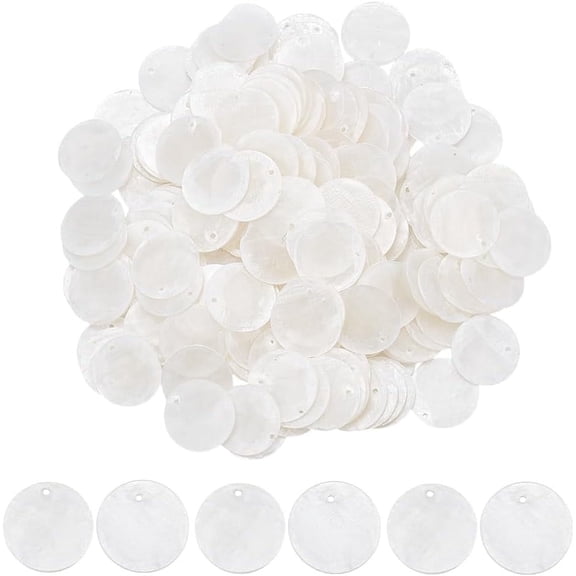 200Pcs Natural Capiz Shell Flat Round Charms WhiteSmoke 15x0.5~1.5mm Hole: 1.4mm