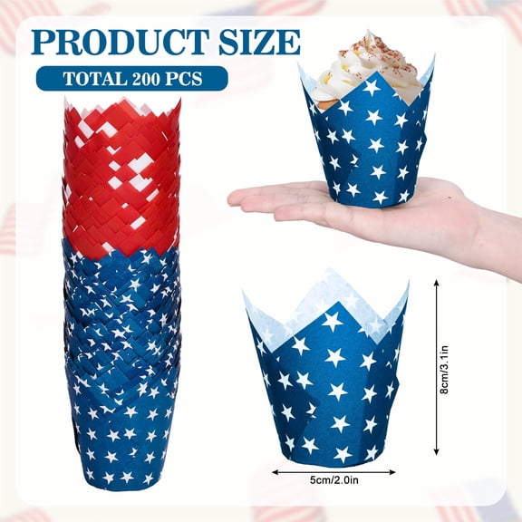 200Pcs Patriotic July 4th Tulip Cupcake Liners Red Blue White Star Stripe Muffin Baking Cup Party Supplies