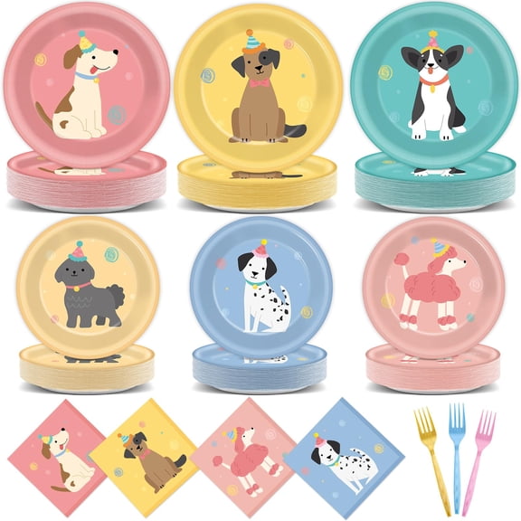 200Pcs Pet Dog Birthday Party Supplies Vintage Puppy Paper Plates Napkins Disposable Retro Puppy Face Party Tableware Pet Dinnerware Decoration Set for Kids Birthday Baby Shower Table Decor Y102