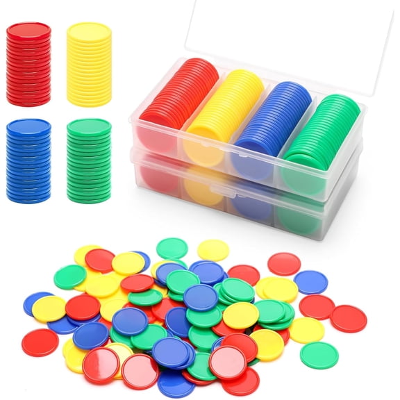 200Pcs Plastic Learning Counters with Storage Box, 4 Colors Bingo Chips 1 Inches Poker Chips Educational Counting Math Counters Manipulatives Round Game Chips Plastic Counters