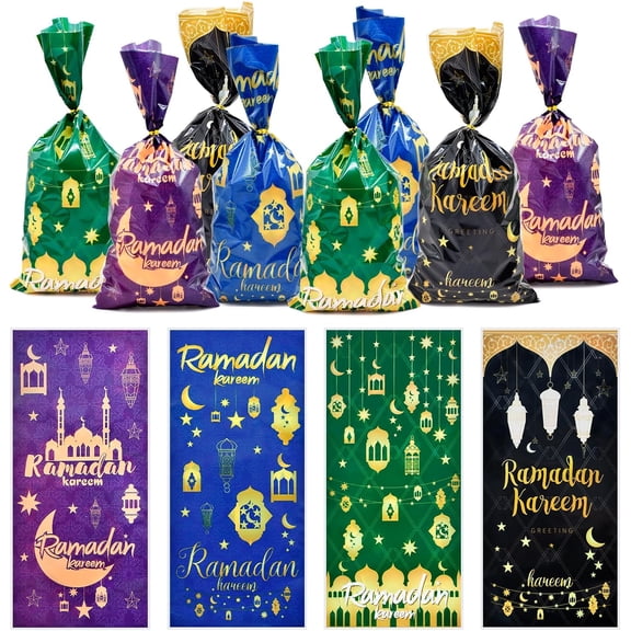 200Pcs Ramadan Kareem Candy Bags, 4 Styles Islamic Lantern Moon Cellophane Treat Bags with Ties - Eid Mubarak Goodie Bags for Kids Gifts, Party Favors & Holiday Snack Decorations