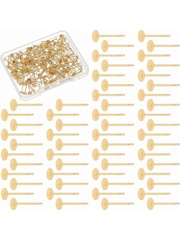 200Pcs Real 24K Gold Plated Earring Stainless Steel Flat Pad Stud Earrings Findings Tray 4mm Golden Flat Round Ear Studs Metal Blank Earring Posts Set Pin 0.7mm for Earrings Jewelry Making