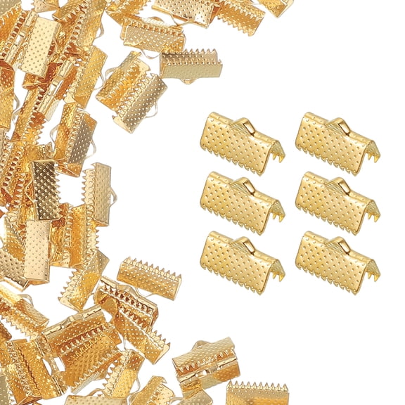200Pcs Ribbon Ends, 13mm Ribbon Crimp Clamp End Bookmark Leather Pinch Crimps Cord Ends, Foldable Clasps Crimp End for Necklace Bracelet DIY Craft Making, Light Gold