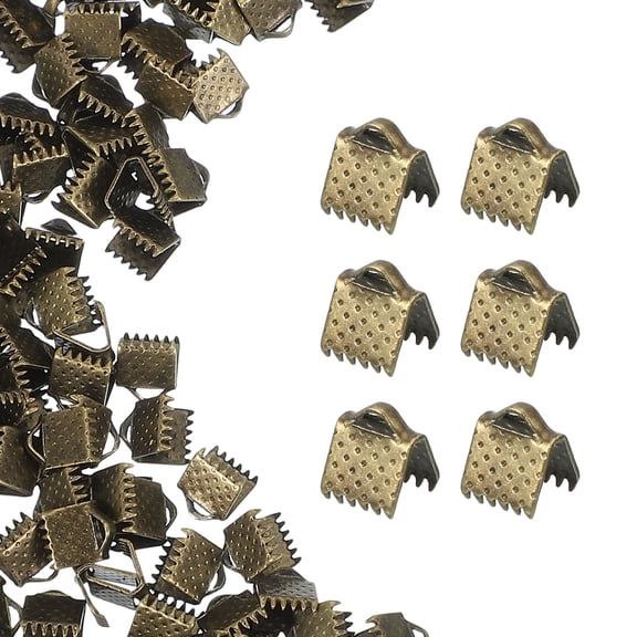 200Pcs Ribbon Ends, 6mm Ribbon Crimp Clamp End Bookmark Leather Pinch Crimps Cord Ends, Foldable Clasps Crimp End for Necklace Bracelet DIY Craft Making, Bronze