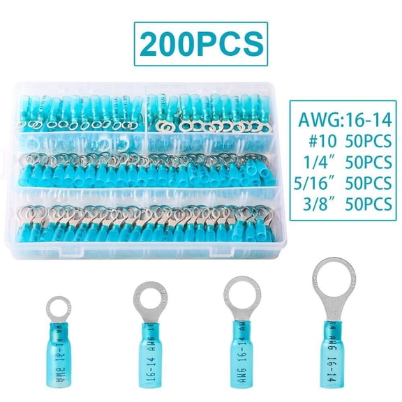 200Pcs Ring Eyelet Heat Shrink Wire 16-14AWG GA Gauge Connectors Terminals Kit