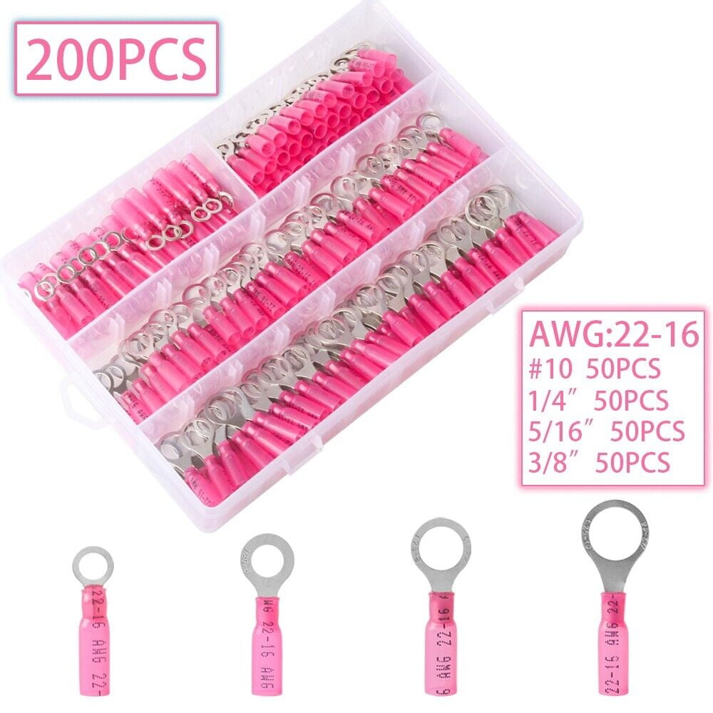200Pcs Ring Eyelet Heat Shrink Wire 22-16AWG GA Gauge Connectors Terminals Kit