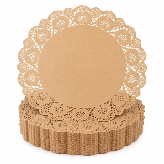 200Pcs Round Paper Doilies 13.5 Inch Brown Lace Paper Placemats, Disposable Decorative Table Mats for Wedding Reception, Banquet, Birthday Party, Dessert Display & Table Setting Decor
