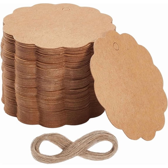 200Pcs Round Paper Tags Craft Show Price Tags with 20m/65.62 Feet Jute Cord Kraft Paper Flat Round Burlywood Price Name Blank Labels for Wrapping Gathering Labeling Wedding Christmas Decor for DIY