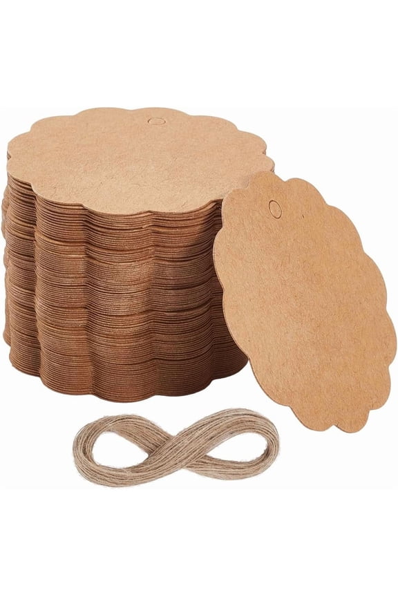 200Pcs Round Paper Tags Craft Show Price Tags with 20m/65.62 Feet Jute Cord Kraft Paper Flat Round Burlywood Price Name Blank Labels for Wrapping Gathering Labeling Wedding Christmas Decor for DIY