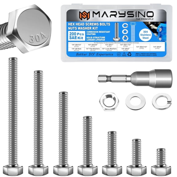 200Pcs SAE Stainless Steel Nuts and Bolts Assortment Kit, Including 7 Sizes 1/4-20 Bolts, Assorted Bolts Nuts and Washers Kit with Drill Bit