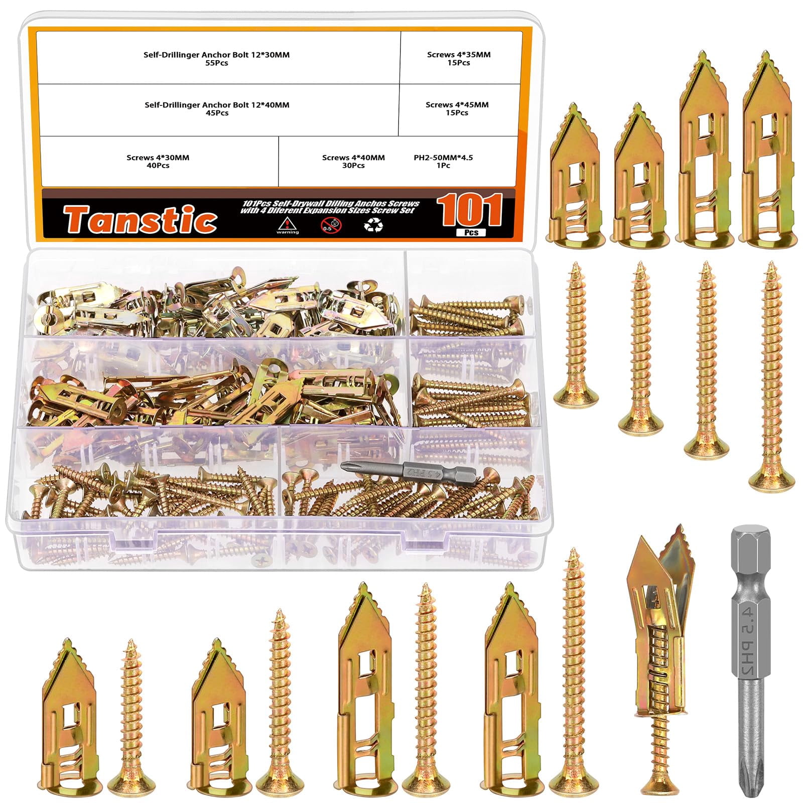 200Pcs Self Drilling Drywall Anchors with Screws, 4 Different Sizes Drywall Self Drilling Anchors Steel Wall Anchor with Screwdriver Bit for Wall Hanging(Black)