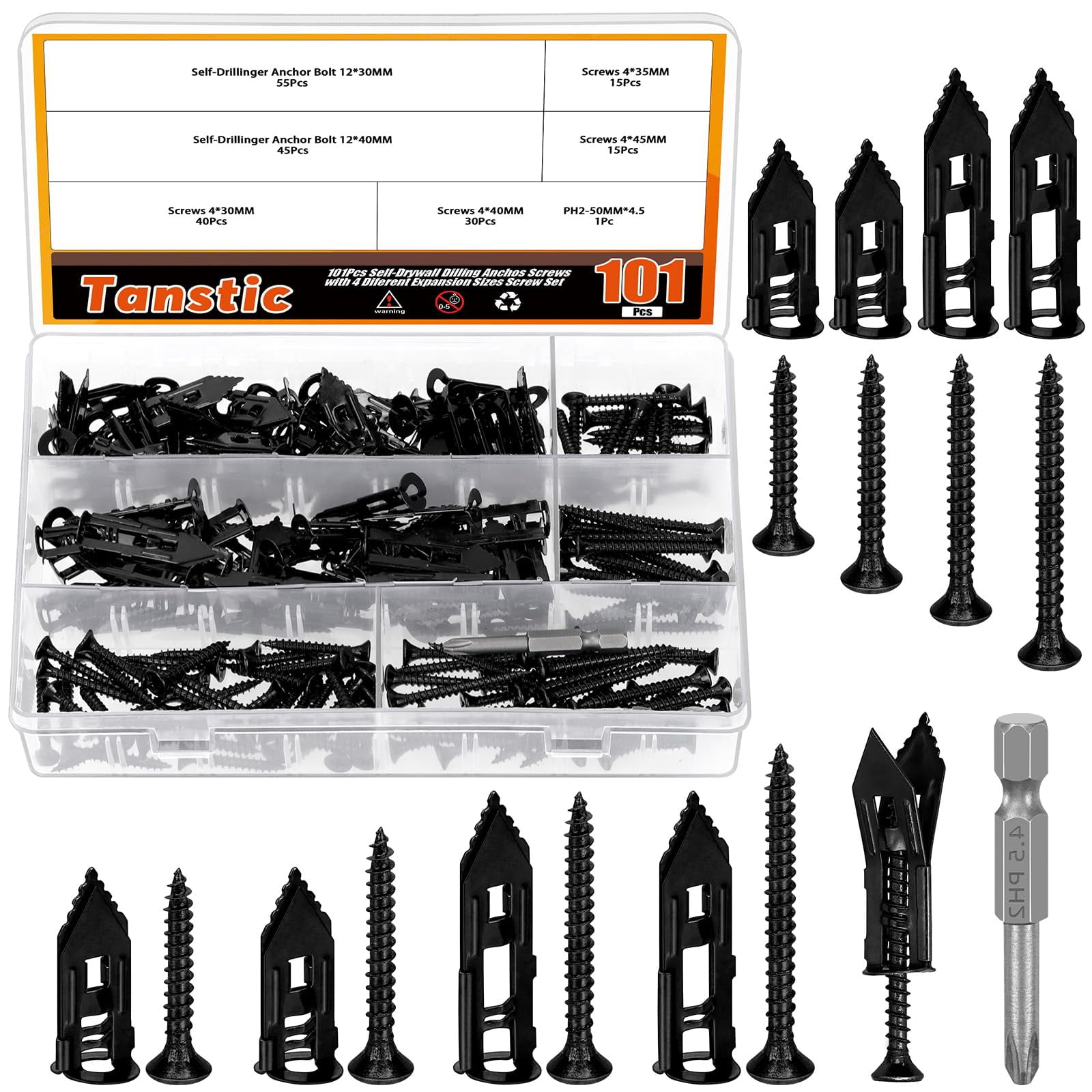 200Pcs Self Drilling Drywall Anchors with Screws, 4 Different Sizes Drywall Self Drilling Anchors Steel Wall Anchor with Screwdriver Bit for Wall Hanging(Black)