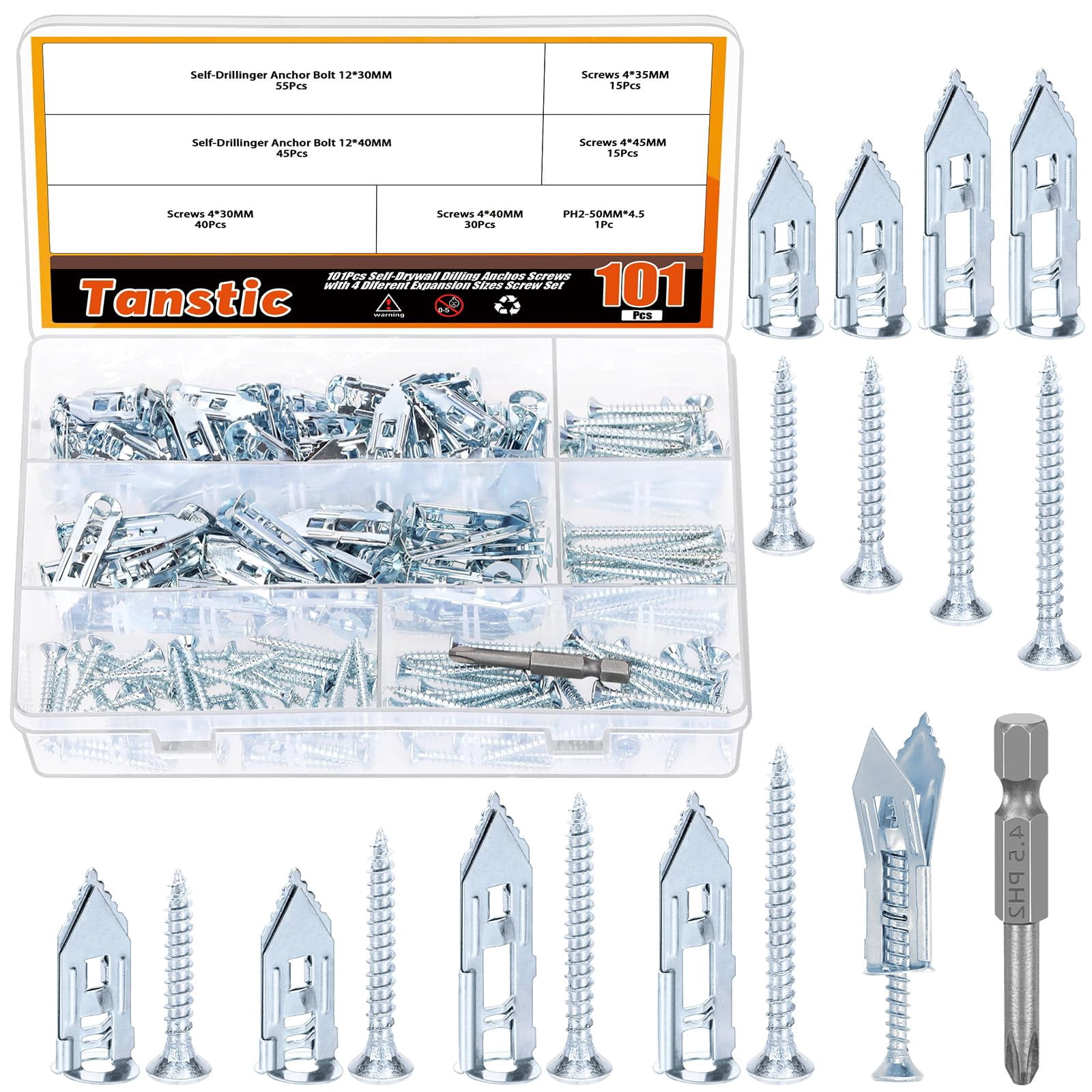 200Pcs Self Drilling Drywall Anchors with Screws, 4 Different Sizes Drywall Self Drilling Anchors Steel Wall Anchor with Screwdriver Bit for Wall Hanging(Black)