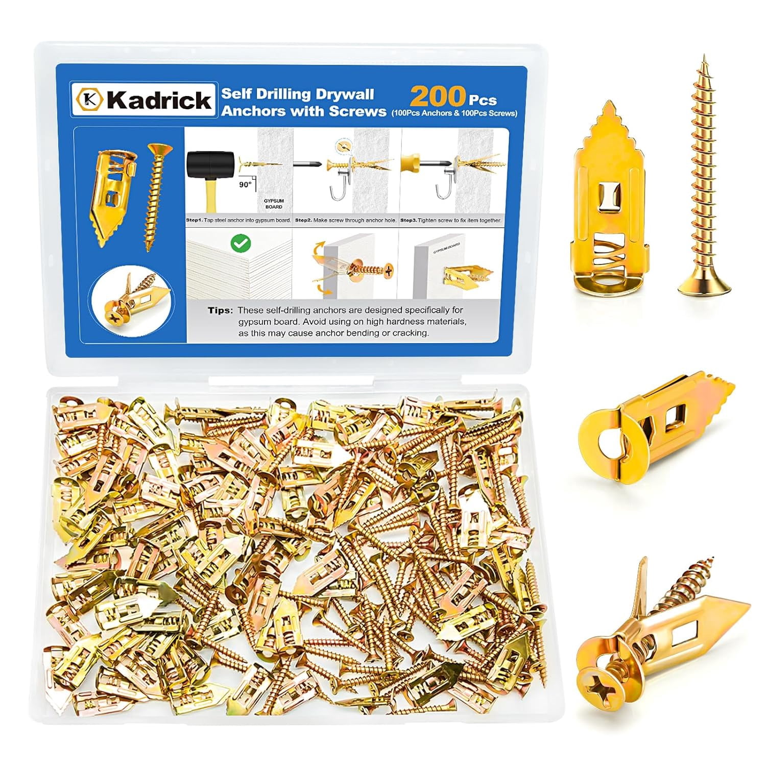 200Pcs Self Drilling Drywall Anchors with Screws，Zinc Plated Steel,2025 Upgraded Hollow Wall Anchors and Screws Kit, Easy Application No Drill or Holes in Wall(100 Anchors and 100 Screws)
