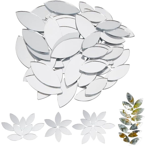 200Pcs Silver Leaf Shape Craft Mirrors Small Mirror Tiles Non-Stick Mini Glass Mirror Tiles DIY Mirror Horse Eye Mini Mirrors for Crafts Art Wall Door Home Decorations - 24x11mm & 34x14.5mm DIY
