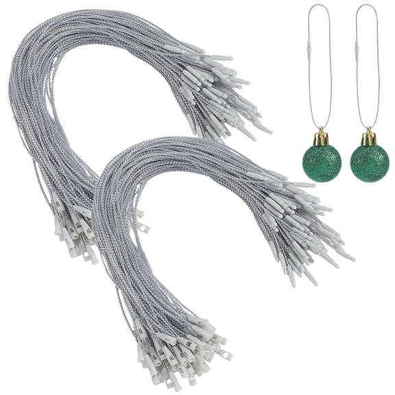 200Pcs Silver Ornaments Hangers Strings with Snaps Christmas Tree Ribbon Precut Locking Rope Hook Hang Tag Fastener