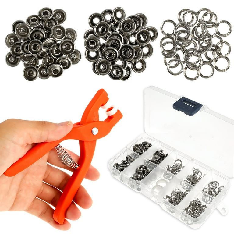 Urvrriu 200pcs Snap Button Kit with Manual Pliers Ergonomic Metal Press Studs Tool Kit Stainless Steel Snap Fastener Kit for DIY Crafts Clothes Hats Bags