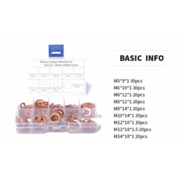 200Pcs Solid Copper Crush Washer Gasket Set Flat O-Ring Seal Assortment Kits Us