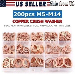 200Pcs Solid Copper Crush Washer Gasket Set Flat O-Ring Seal Assortment Kits Us