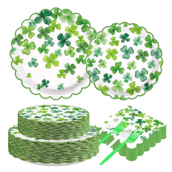 200Pcs St. Patrick's Day Party Decorations Green Shamrock Scalloped Plates and Napkins Lucky Clover Paper Plates Tableware Sets for Irish Celebrations St. Patrick's Day Party Supplies Serves 50 Y101