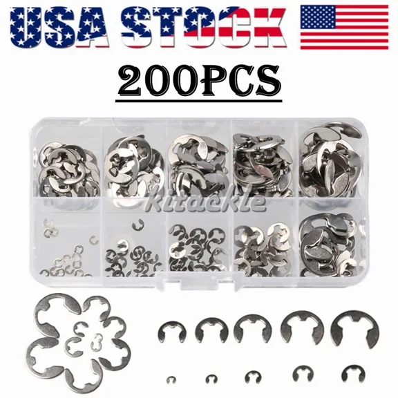 200Pcs Stainless Steel E Clips C Circlip Kit Retaining Ring Assorted 1.5 - 10Mm