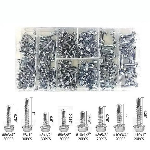 200Pcs Stainless Steel Self-Drilling Screws Hexagonal Tapping Screws