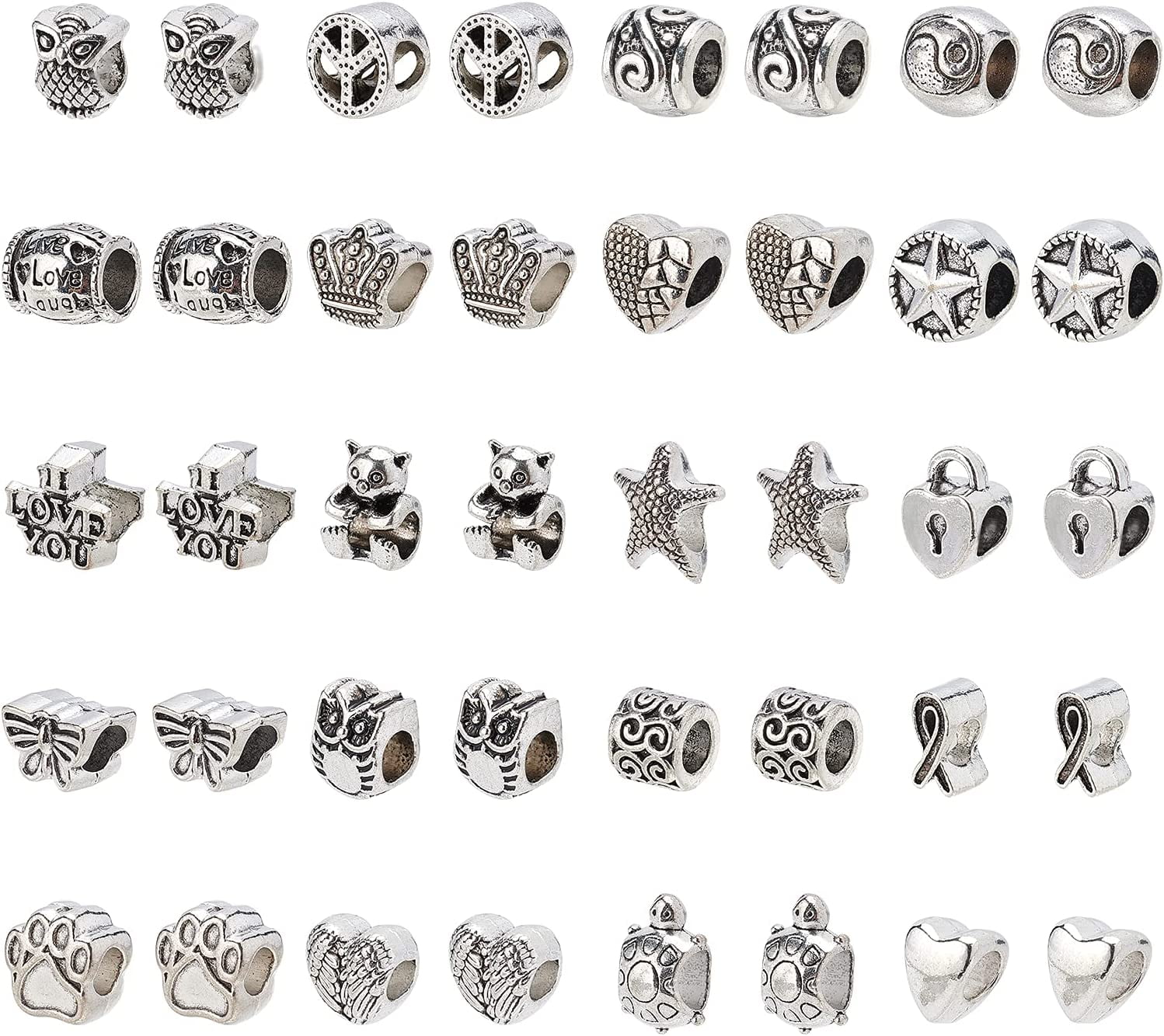 200Pcs Tibetan Style European Beads Metal Large Hole Beads Alloy Spacer Loose Beads Antique Silve Charms for Jewelry Making