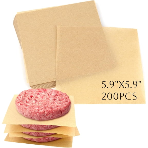 200Pcs Unbleached Parchment Paper, 5.9 x 5.9inch Burger Patty Paper, Non-Stick Squares Wax Paper Sheets for Seperating Patty, Cookies, Baking, Wrapping Candies(Brown)