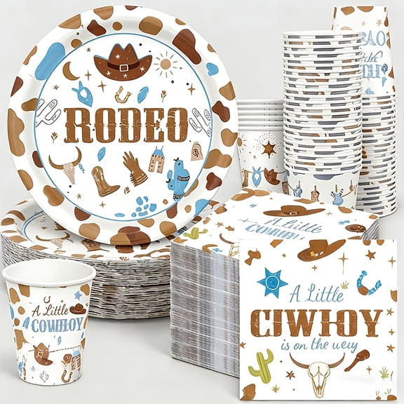 200Pcs Western Cowboy Party Supplies Set, Rustic Rodeo Theme Disposable Tableware with Plates, Cups and Napkins for Farmhouse Gatherings Country Celebration Decor Party Table Setup for 50 Guests