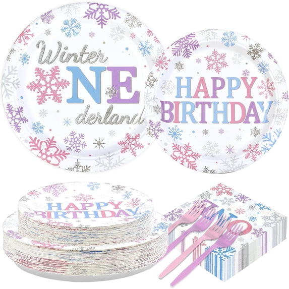 200Pcs Winter Onederland Frozen Birthday Party Decorations Snowflake 1st Birthday Paper Plates, Napkins and Forks Sets Pink Blue Snow Decorations for Girls 1 Year Old Wonderland Supplies Serves 50