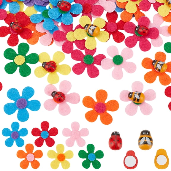 200Pcs Wood Bee Ladybug Buttons with 60pcs Felt Flowers Self-Adhesive Button Non Woven Flower Set Flowers Ladybird Craft