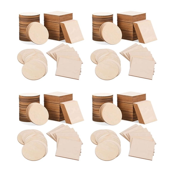 200Pcs Wood Slices 4X4Inch Unfinished Wood Pieces Square and Round Wooden for DIY Coaster Arts Painting Staining Crafts