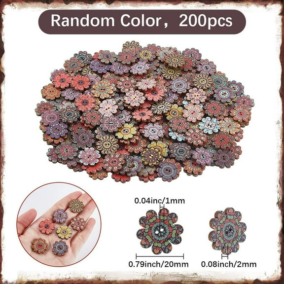 200Pcs Wooden Floral Buttons Mixed Vintage Wood Buttons with 2 Holes Printed 20mm Colorful Assorted Flower Sewing Fasteners Accessory for DIY Clothes Painting Crochet Scrapbooking Craft Decor